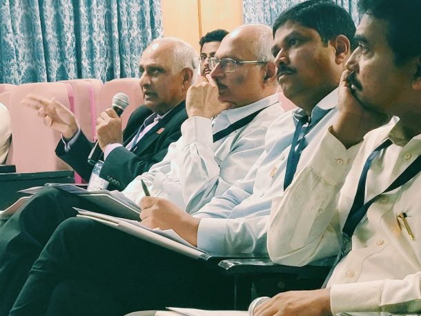 Panel of Judges during evaluation of the startup pitches, Mr. Venkatadri Bobba General Partner at Ventureast and TiE Hyderabad Charter Members, Dr. Balaji Bhyravabhatla, MD of Hylasco Bio Mr. AVN Reddy, CMD of Roshini Crops, and Mr. Srinivasa Satti MD of Finvista Advisors