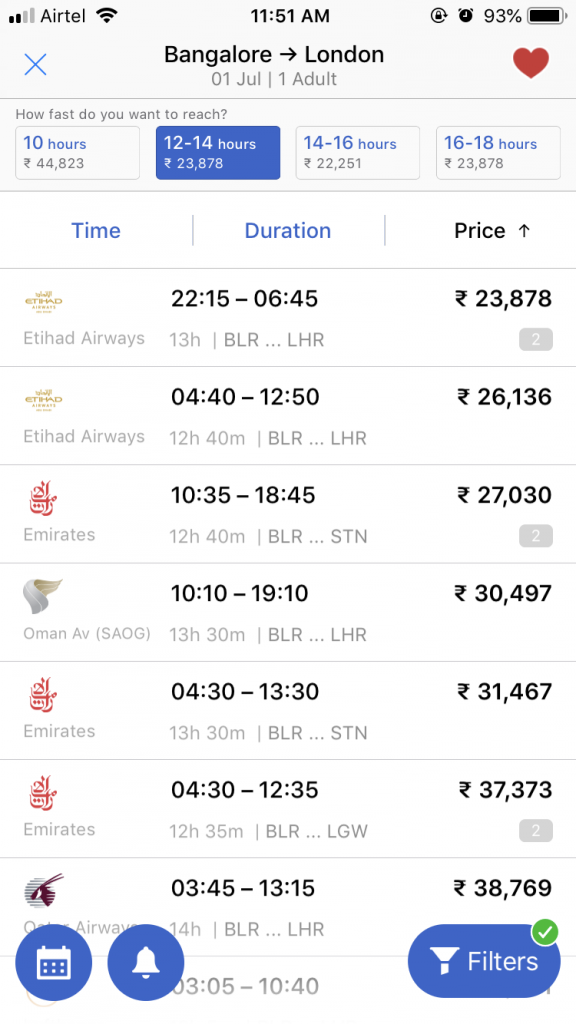 Cleartrip Time vs Money filter - Screenshot