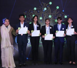 Winners of Colloquium 2022- Team Brox with Ms. Shashi Banerjee, Director of Education at Shiv Nadar School