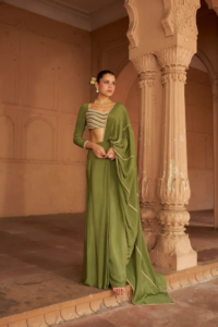 Malang Crepe Drape Saree Set With Embellished Blouse by Silchic