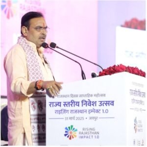 Hon’ble Chief Minister of Rajasthan, Shri Bhajan Lal Sharma, speaking during the Rising Rajasthan Impact 1.0 event held in Jaipur on 31st March 2025
