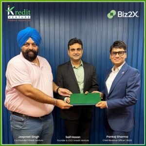 L to R- Jaspreet Singh, Co-Founder of KreditVenture; Saif Hasan, Founder & CEO of KreditVenture; Pankaj Sharma, Chief Revenue Officer of Biz2X