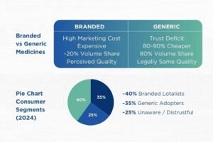 Branded dominate perception, generics dominate volume—yet trust and awareness still divide Indian consumers in 2024