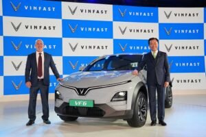 VinFast CEO Asia Mr. Pham Sanh Chau & Chief Engineer Mr. Vincent John Pendlebury unveil the all-new VF 6, a sleek premium SUV, starting at INR 16.49L