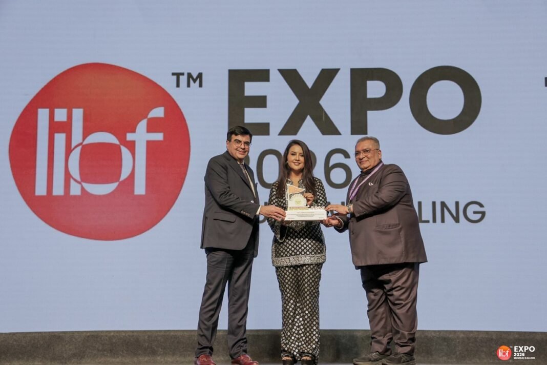 Smt. Amruta Devendra Fadnavis flanked by Mr. Satish D. Vithalani, Chairman, LIBF and Mr. Vijay P. Karia, Director, LIBF at LIBF Expo 2026 – Mumbai Calling.JPG