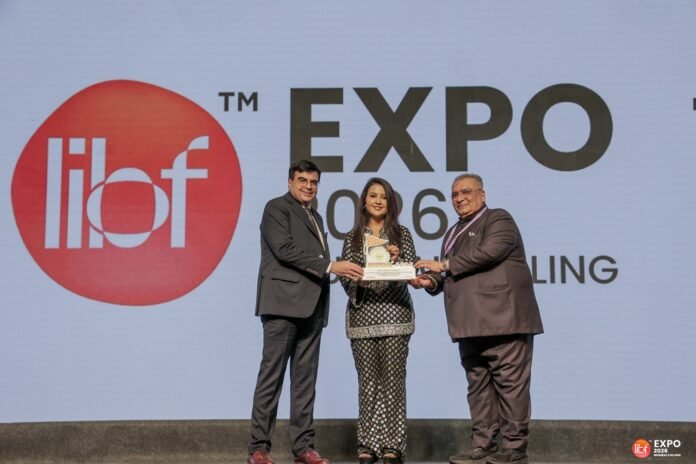 Smt. Amruta Devendra Fadnavis flanked by Mr. Satish D. Vithalani, Chairman, LIBF and Mr. Vijay P. Karia, Director, LIBF at LIBF Expo 2026 – Mumbai Calling.JPG