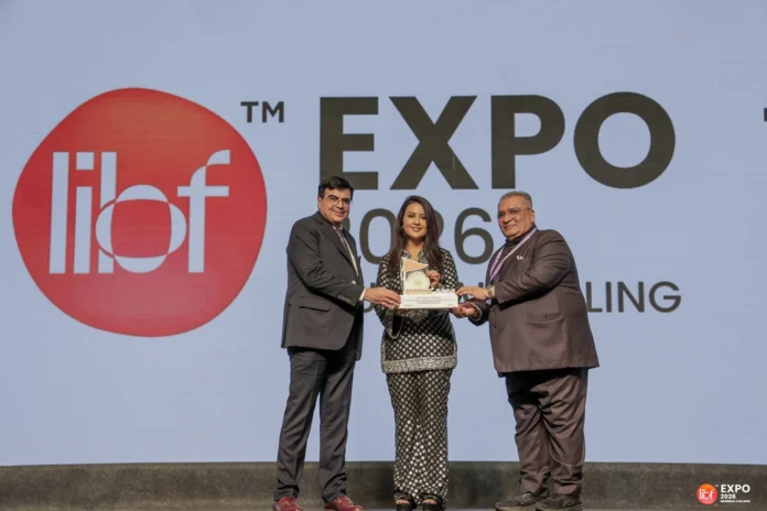 Smt. Amruta Devendra Fadnavis flanked by Mr. Satish D. Vithalani, Chairman, LIBF and Mr. Vijay P. Karia, Director, LIBF at LIBF Expo 2026 – Mumbai Calling.JPG