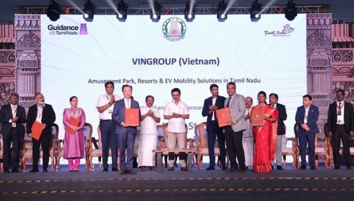 The ceremony was attended by Tamil Nadu Chief Minister Thiru. M.K. Stalin, Mr. Pham Sanh Chau, CEO of Vingroup Asia, along with senior officials from the Government of Tamil Nadu