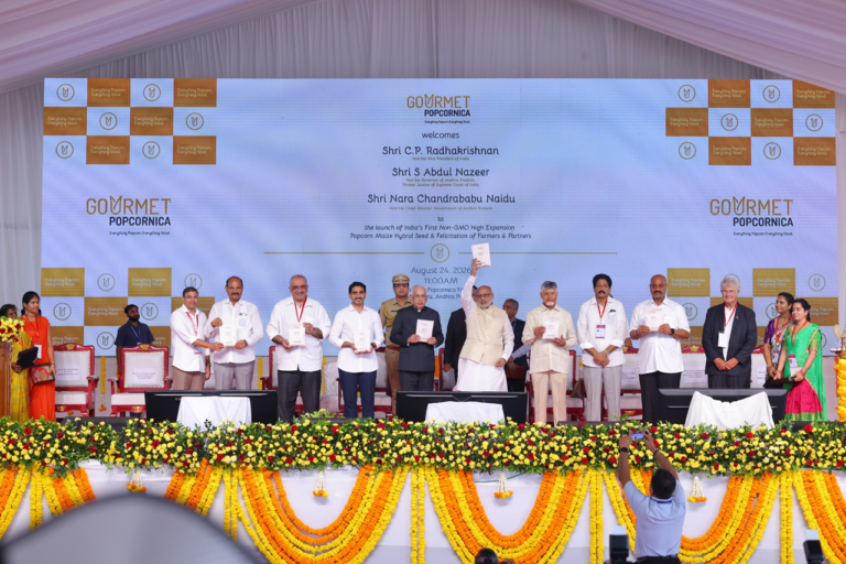 launch of Gourmet Popcornica’s pioneering non-GMO high-expansion popcorn maize seed at Musunuru Andhra Pradesh