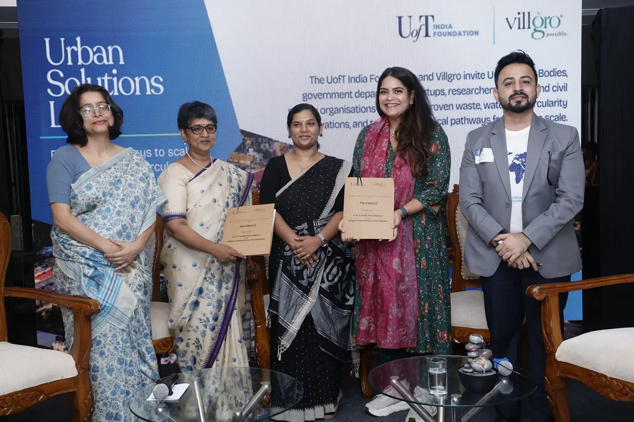 L to R- Rini Dutta (Villgro), Radhika Ramesh (Villgro), Tmt. Asha Ajith, IAS ( Director - Department of Environment and Climate Change, Gov TN), Gauravi Lobo (UofT India Foundation), Rajat Kukreja (UTIF)